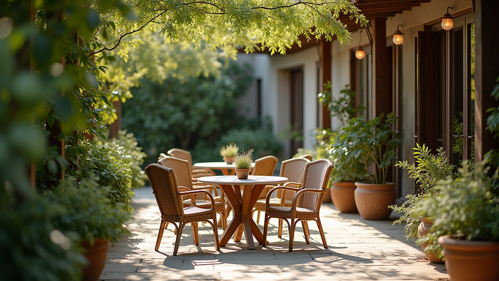 Eye-level view of a cozy outdoor seating area surrounded by greenery