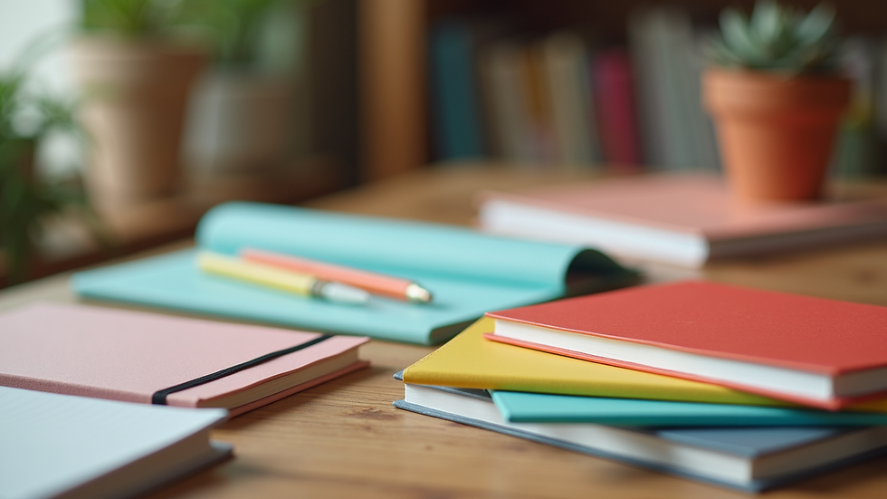 Close-up view of colorful notebooks and stationery on a wooden table