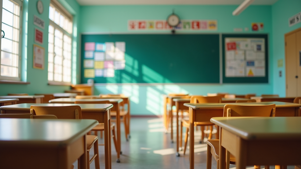 Eye-level view of a colorful classroom with educational posters on the walls