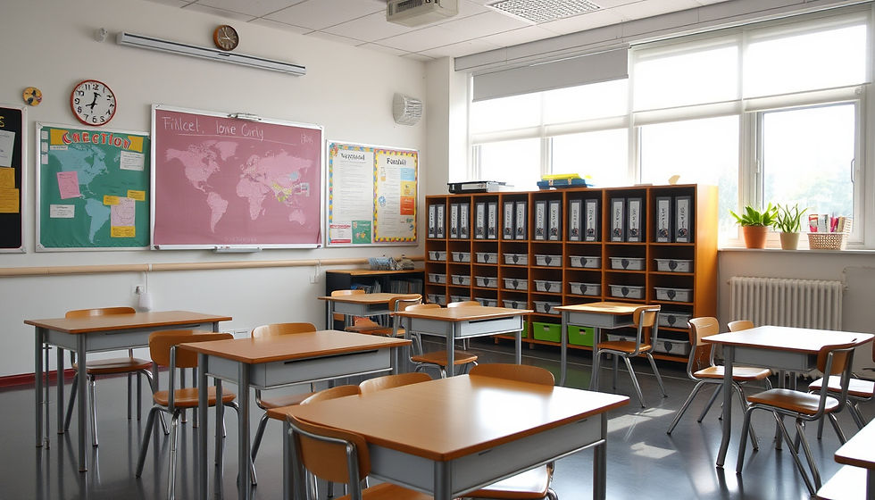 High angle view of neatly organized classroom supplies on a desk