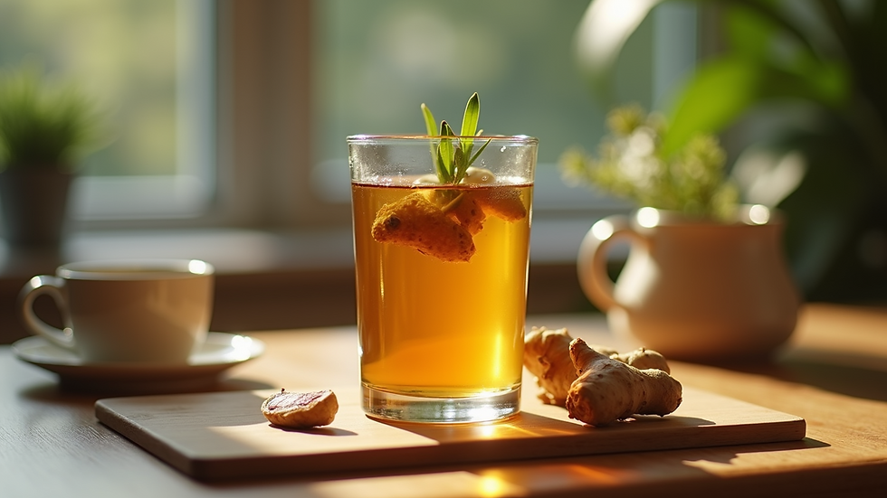 Eye-level view of a glass of herbal tea with fresh ginger root on a wooden table