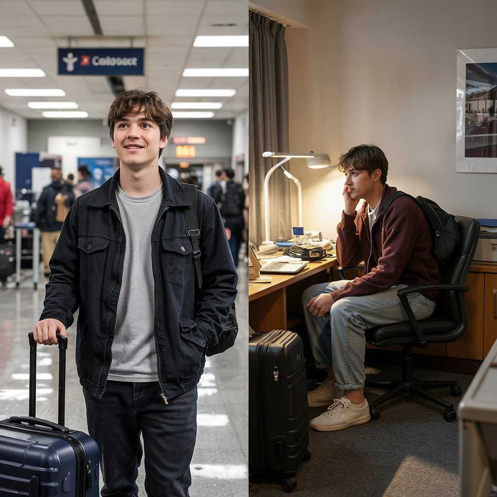 Young man with suitcase smiles at airport and sits thoughtfully at desk in dorm room. Casual attire, bright lighting, sign reads "Concourse."