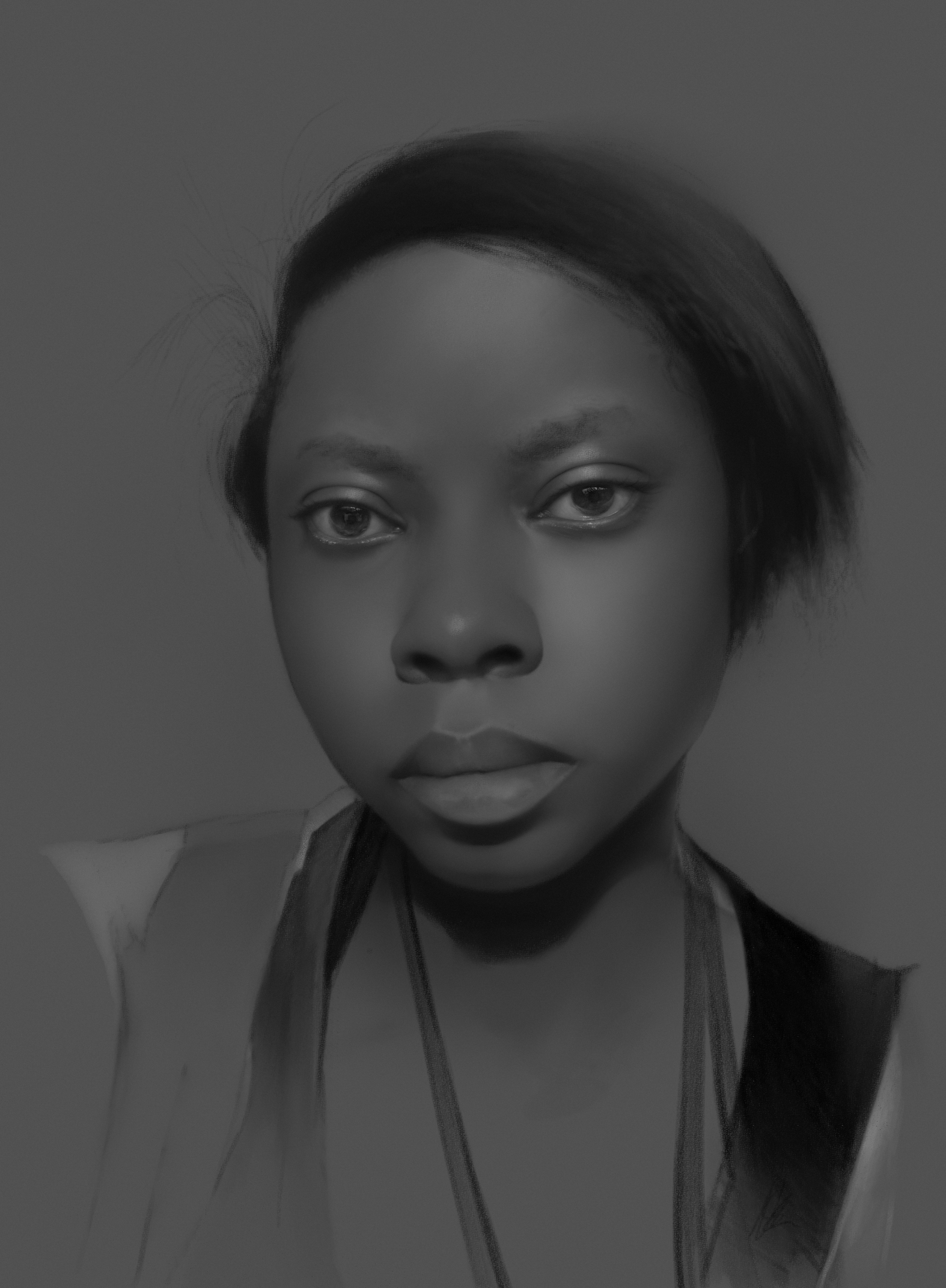 Portrait of a young feminine figure with side-swept hair, and sharp eyes, observing the viewer.