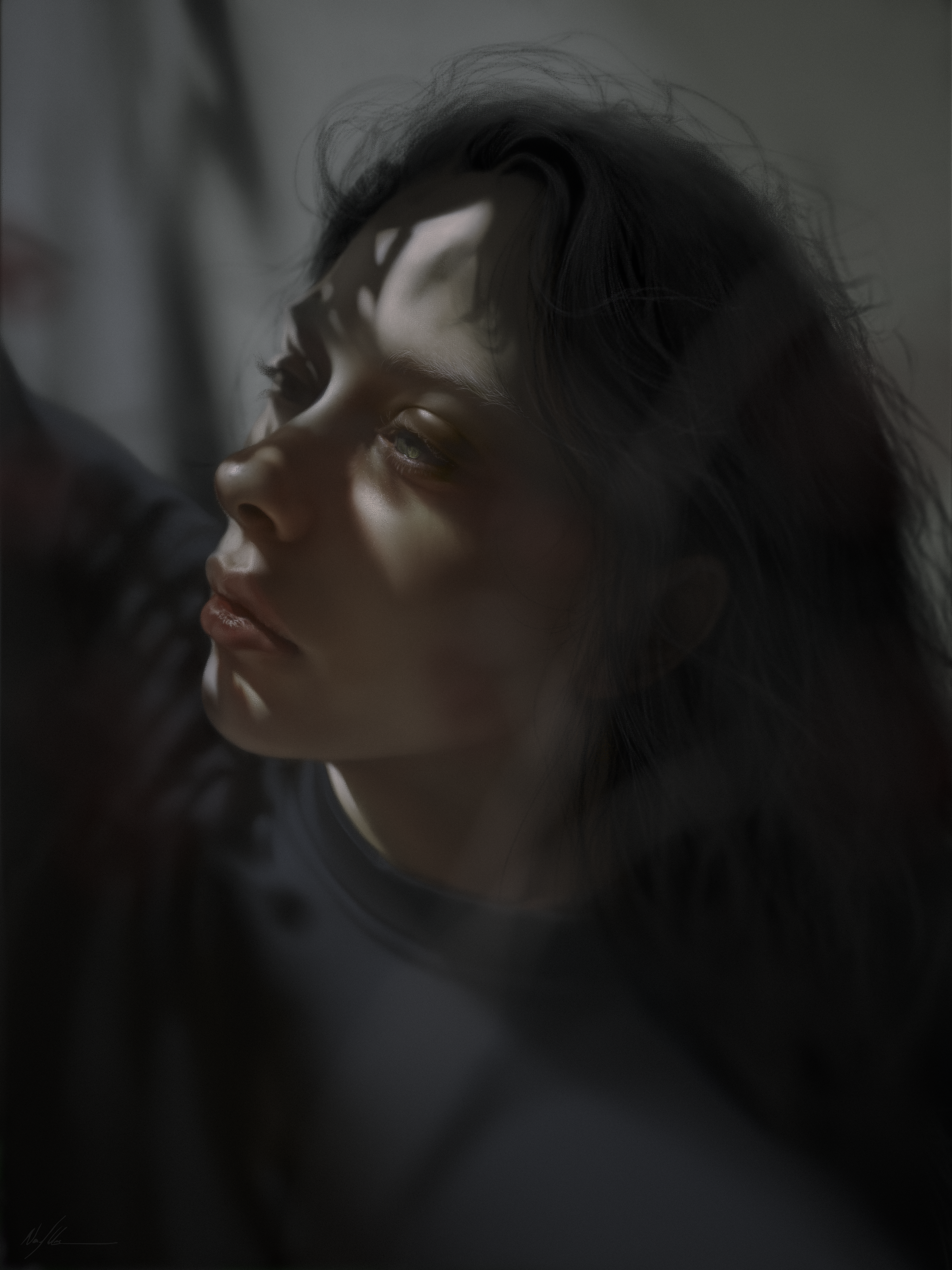 Contemplative portrait of a slanted, gently averted feminine face; cast in dappled lights and shadows; minimally obscured by a translucent hazy foreground.