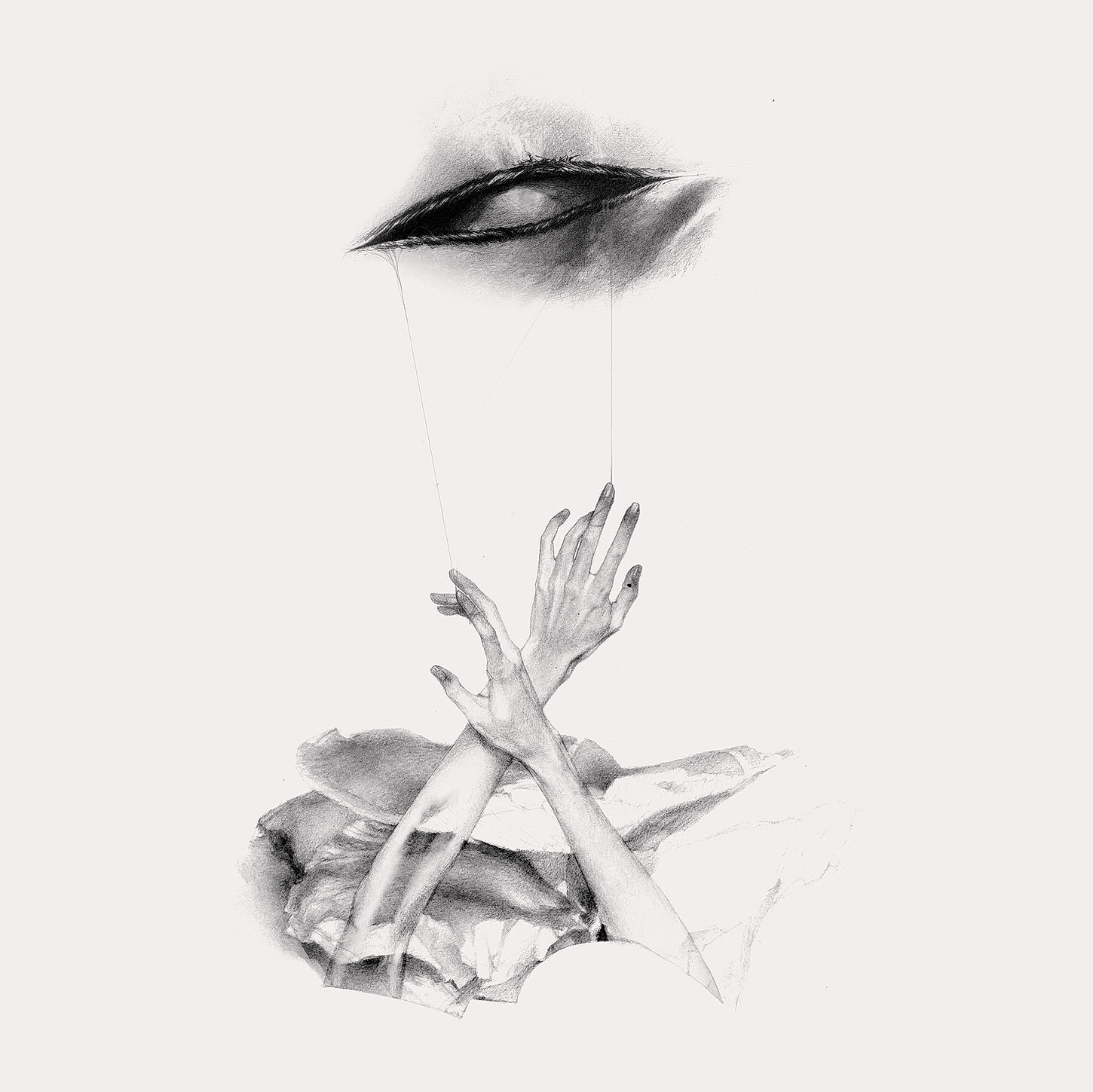 Depicting a worn, undone seam resembling an eye, with strings connected to hands emerging from a large mass of fungus.