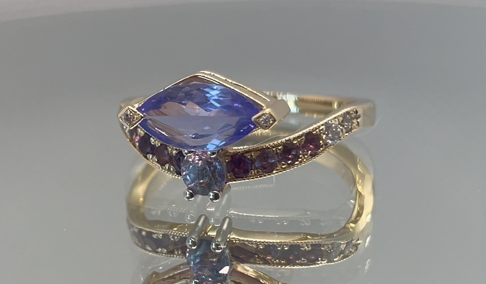 Marquise Tanzanite Pavé Ring in 14K Yellow Gold with Natural Diamonds and Amethysts — Custom Jewelry Toronto