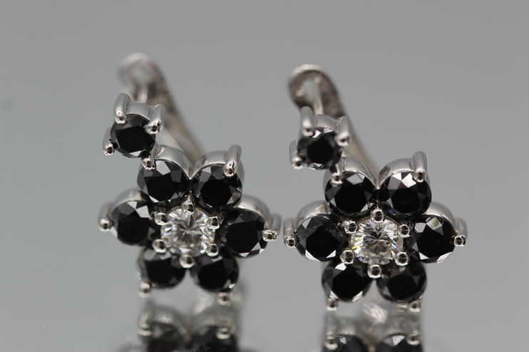 14-carat white gold earrings with white and black diamonds, custom luxury handmade jewelry.