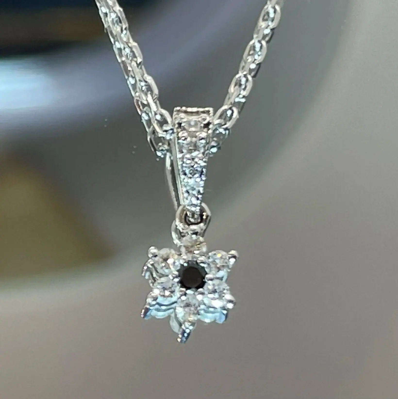 "Starlet" custom pendant in 14K white gold, black and white diamonds, luxury handmade craftsmanship and diamond setting