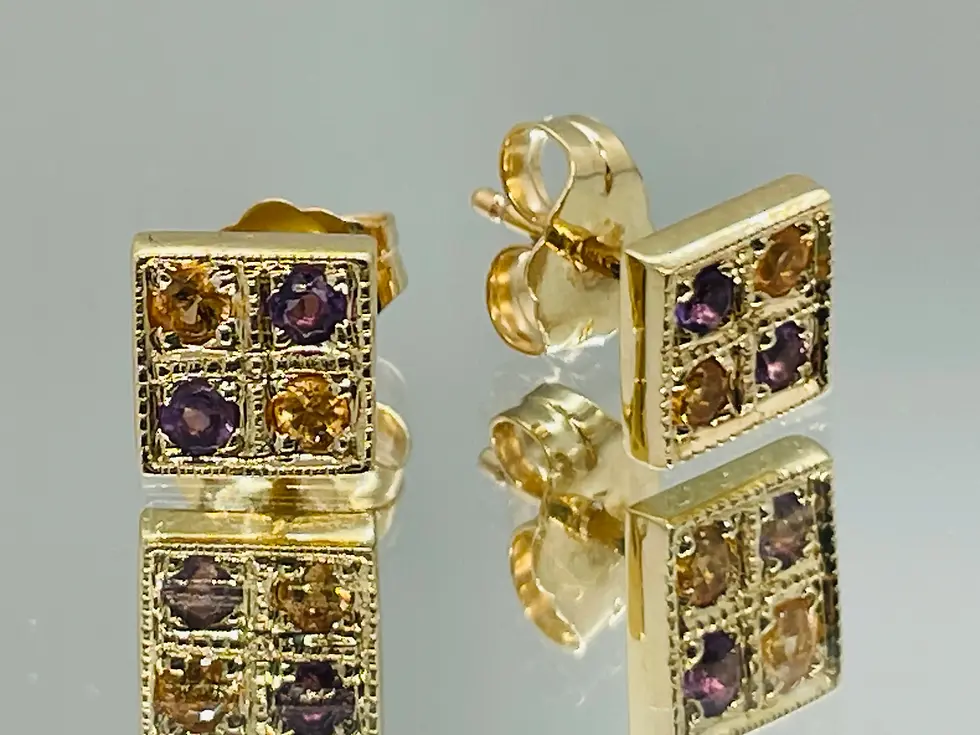 14K yellow gold custom earrings with yellow and blue sapphires, showcasing luxury handmade design, expert gemstone setting