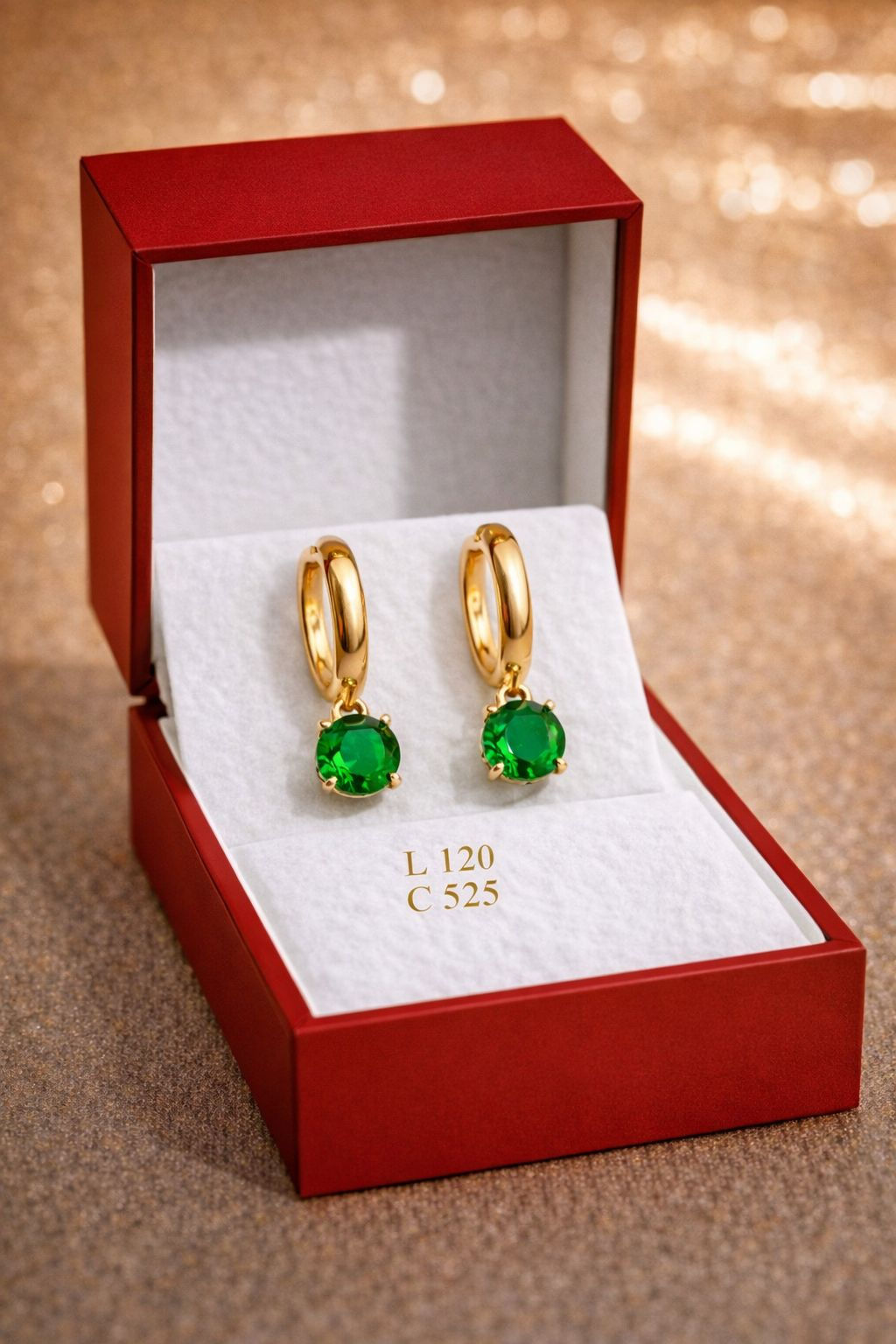 Aritos laminado de oro 18k estilo argolla con colgante de cristal circular verde