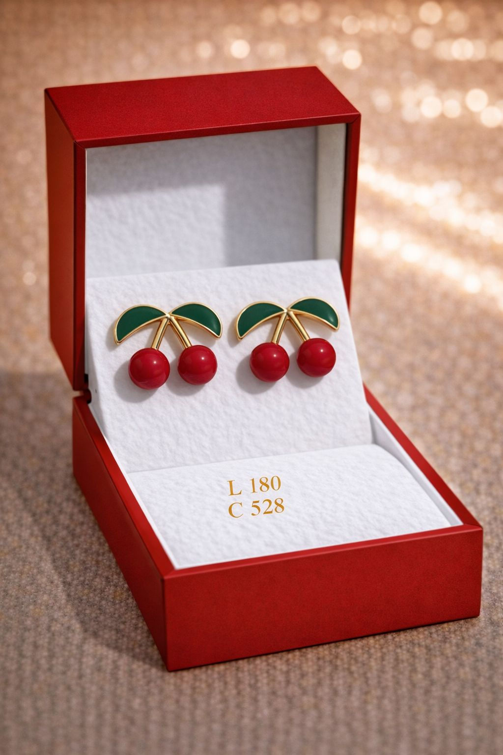 Aritos laminado de oro 18k con diseño de cerezas en esmalte y perlas rojas