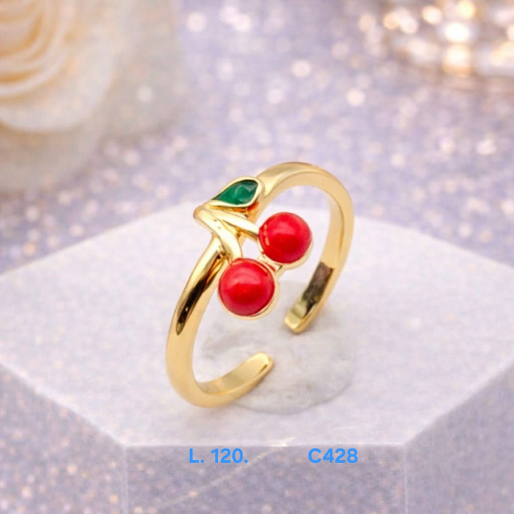 Anillos laminado de oro 18k ajustable con diseño de cerezas esmaltadas