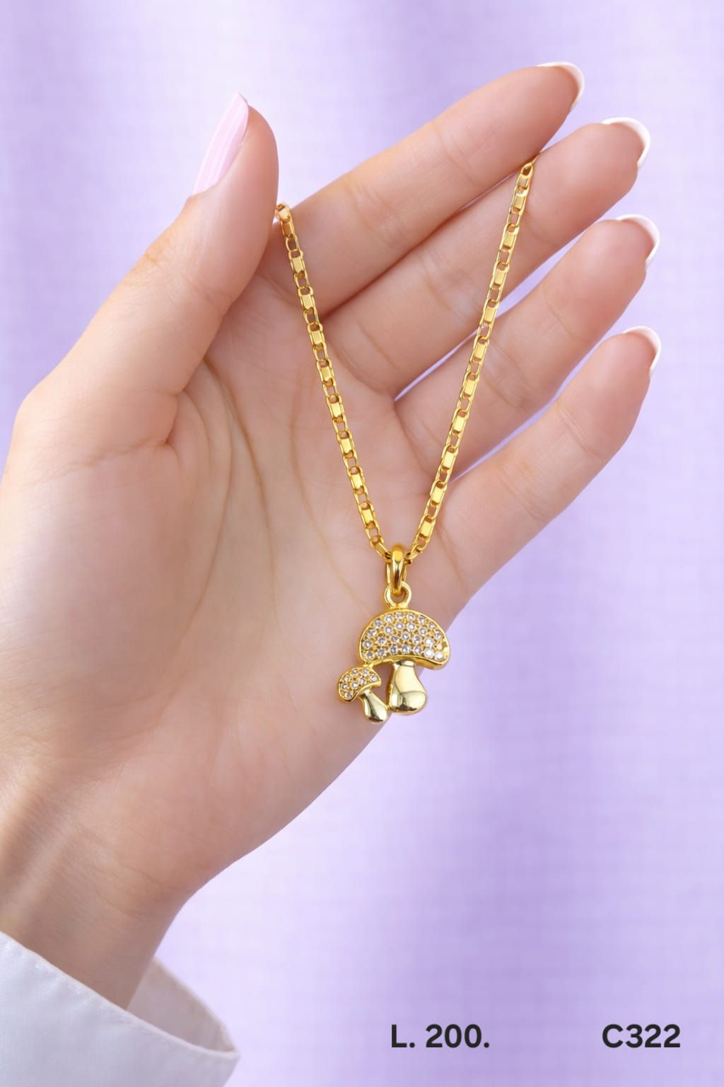 Cadena laminado de oro 18k diseño hongos brillantes con zirconias