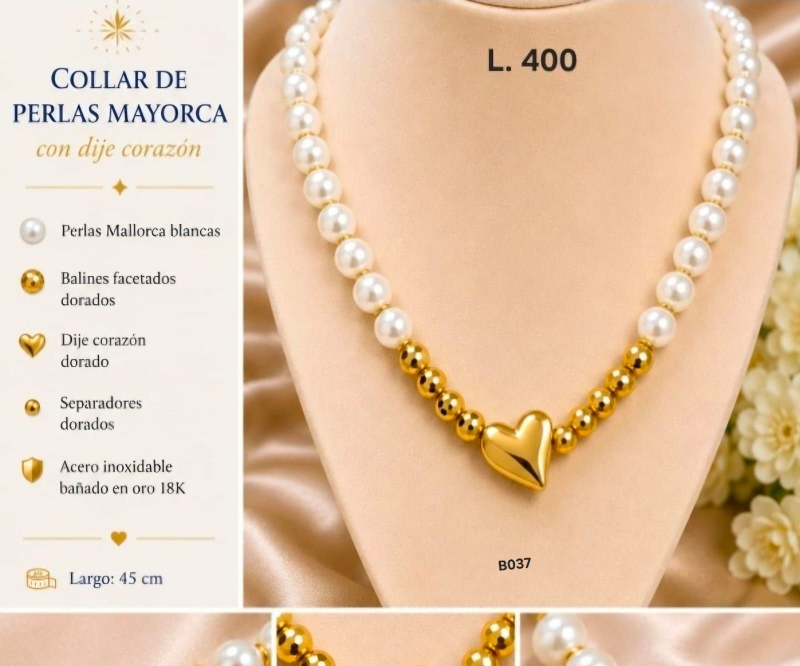 Collar Corazón Dorado con Perlas Mallorca