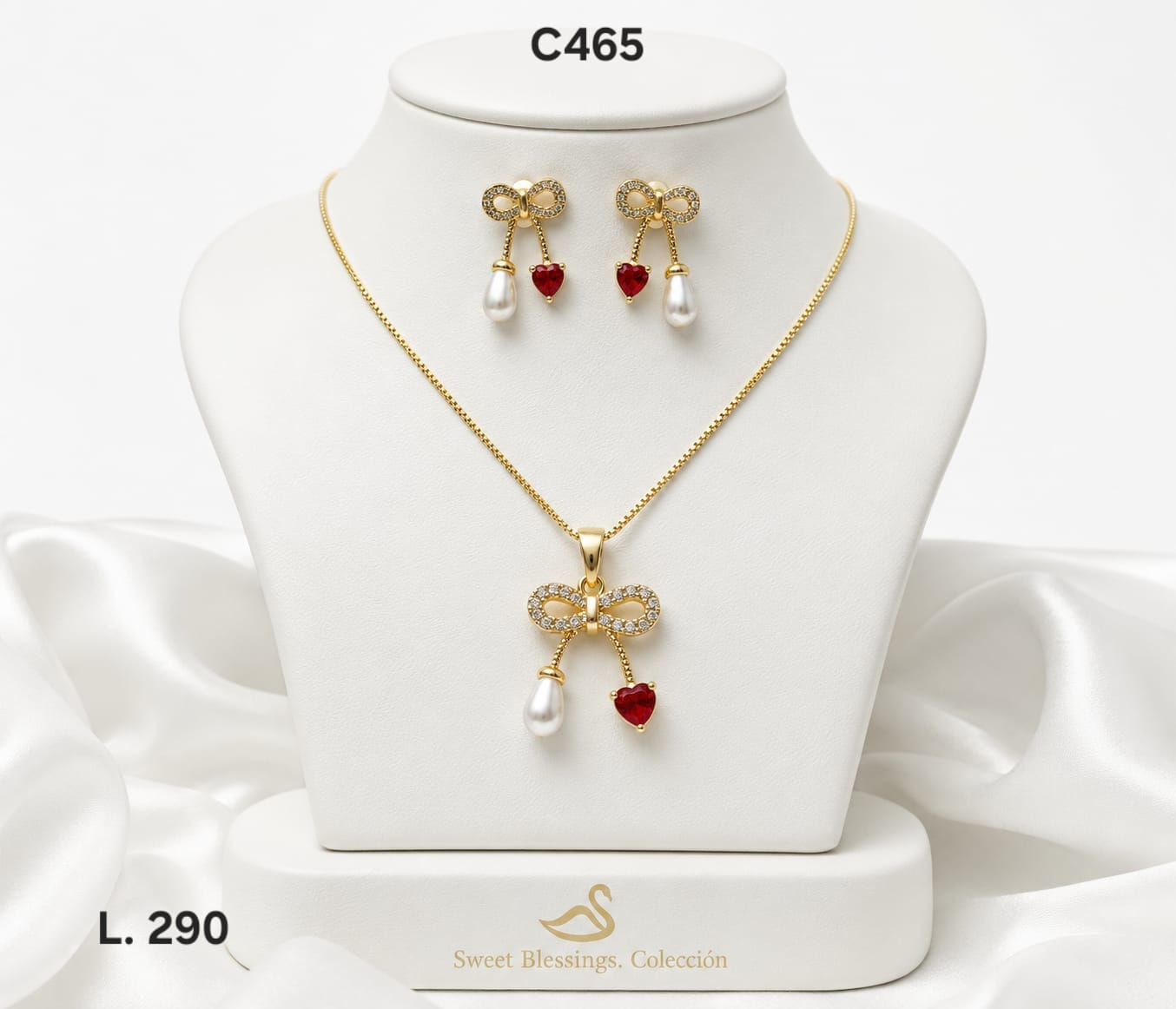 Conjunto Lazo Elegante con Perla y Corazón Rubí – Doble Laminado de Oro 18K