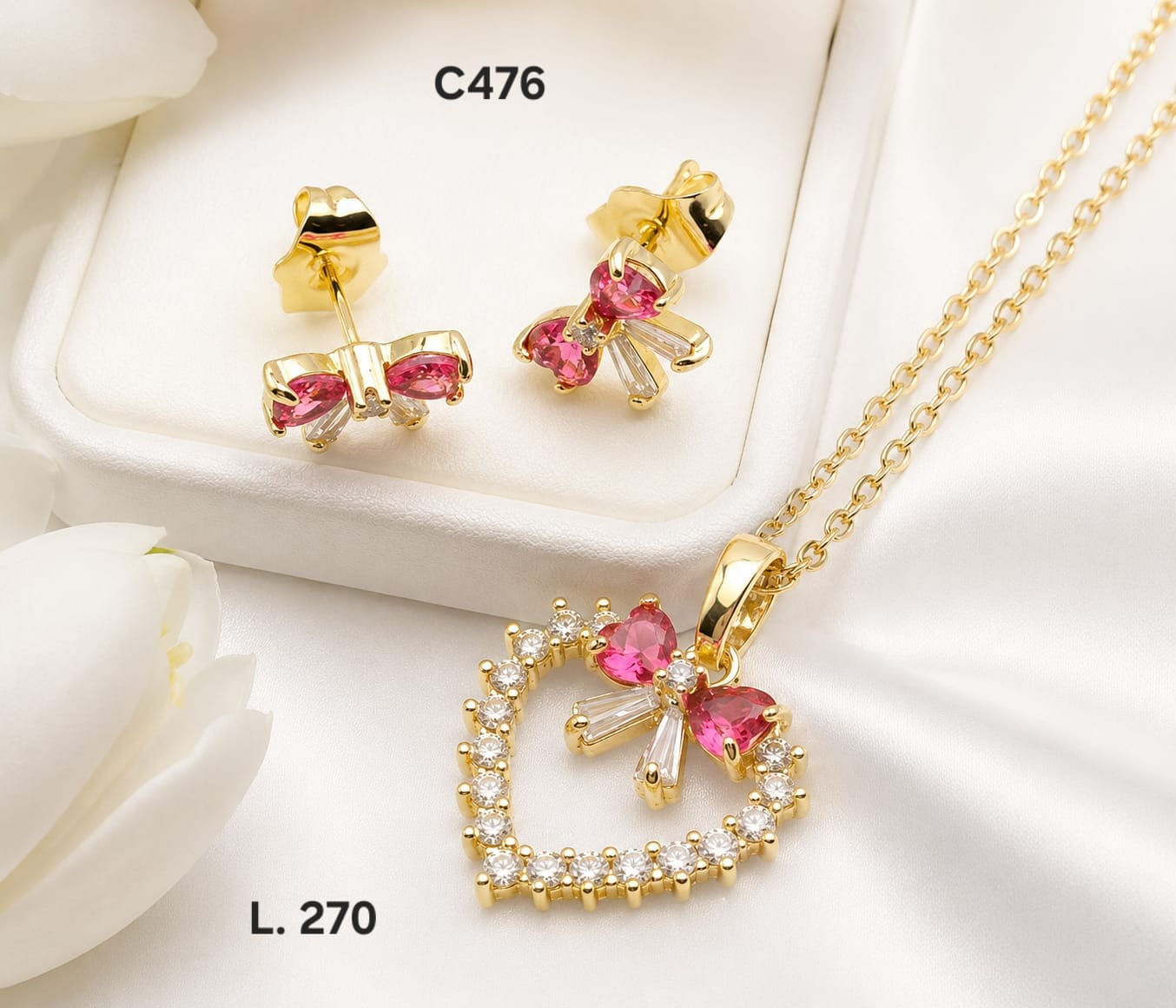 Conjunto Corazón Lazo Rosa – Doble Laminado de Oro 18K