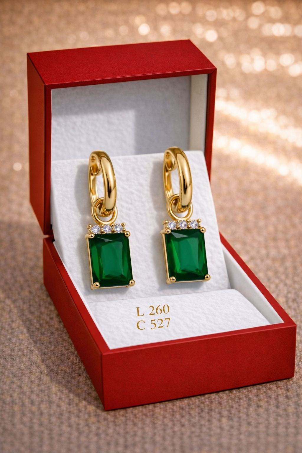 Aritos laminado de oro 18k estilo argolla con colgante rectangular de cristal ve