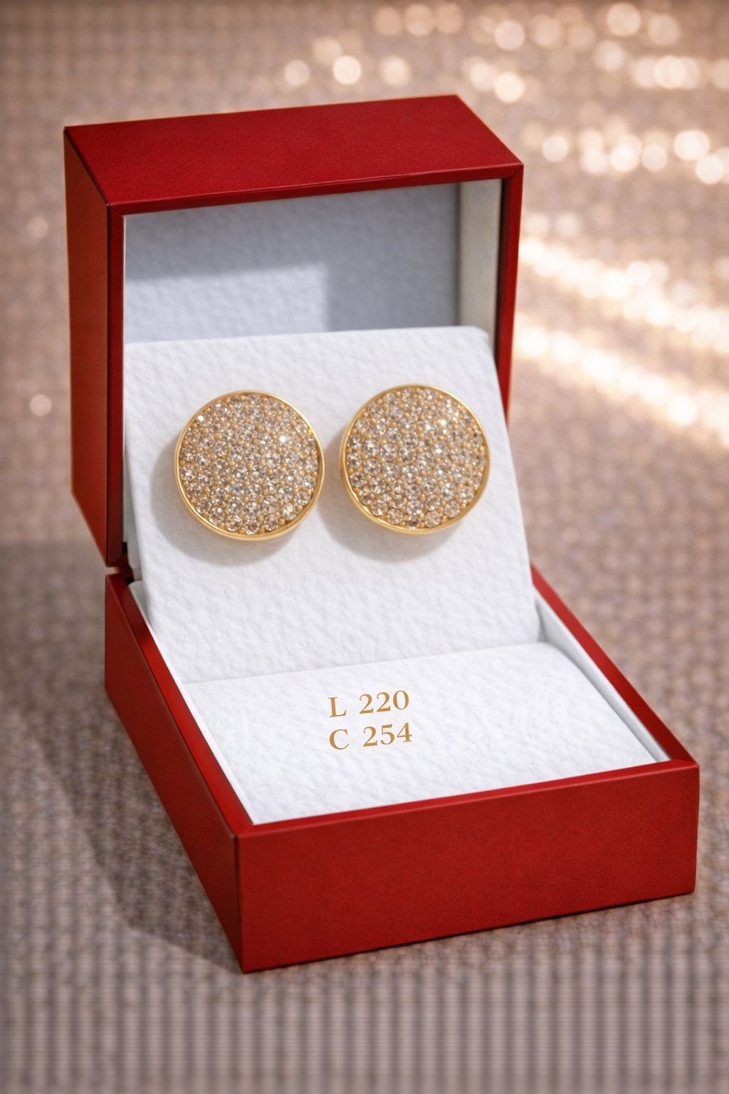 Aritos laminado de oro 18k estilo botón circular con pavé total de cristales