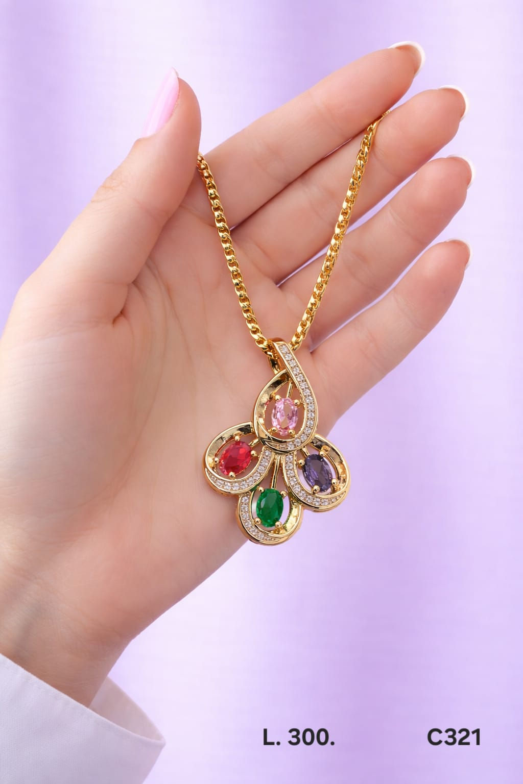 Collar laminado de oro 18k con dije floral multicolor y zirconias