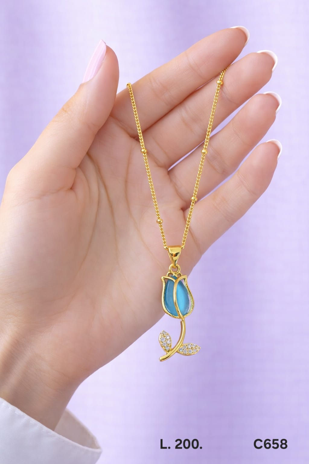 Cadena laminado de oro 18k diseño tulipán azul elegante