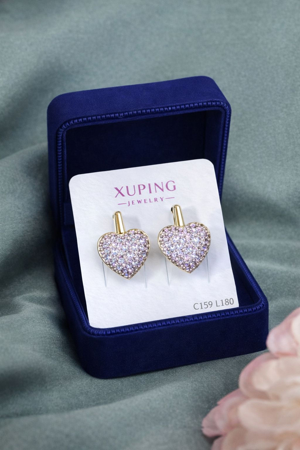 Aritos laminado de oro 18k diseño corazón con cristales iridiscentes