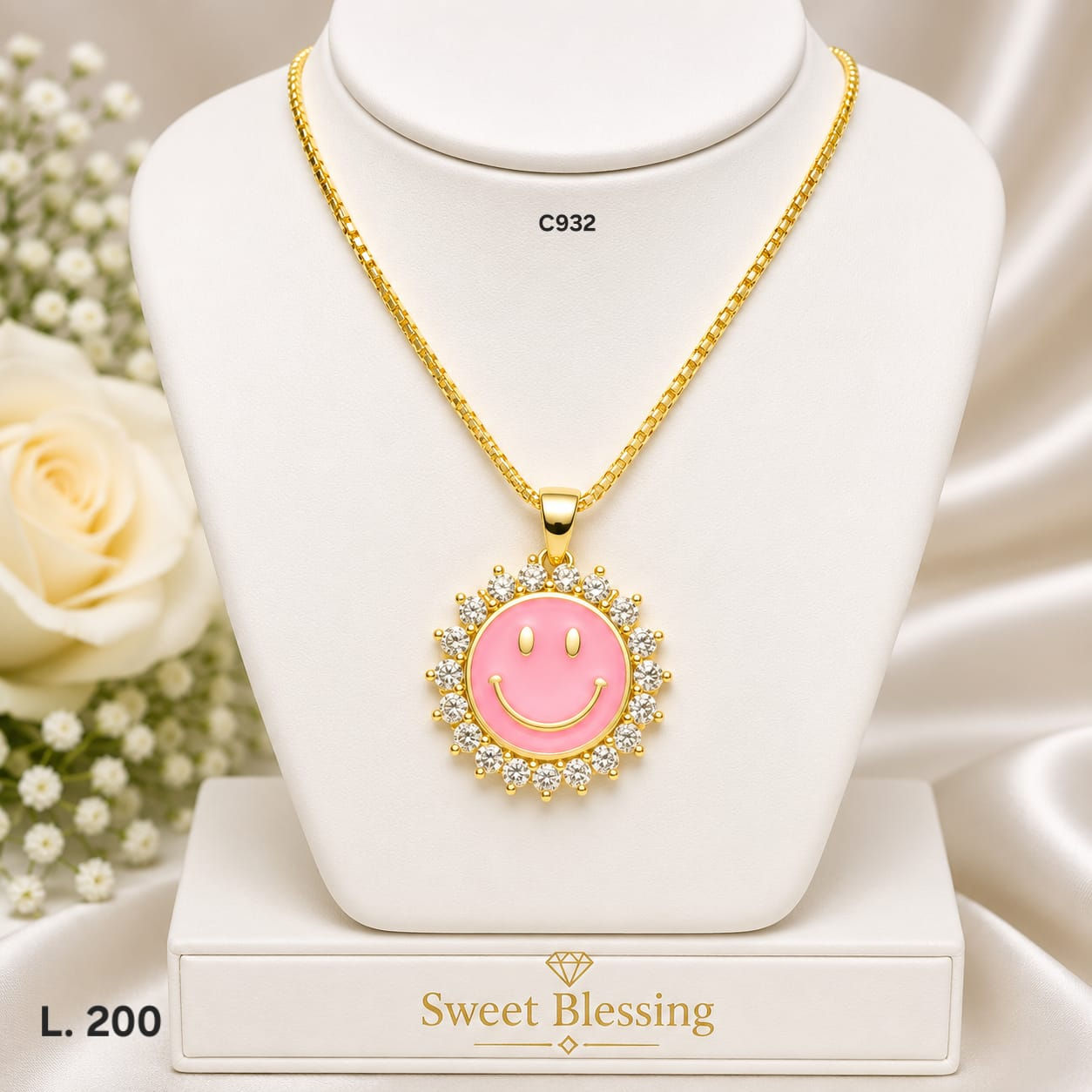 Collar Carita Feliz Rosa – Doble Laminado de Oro 18K