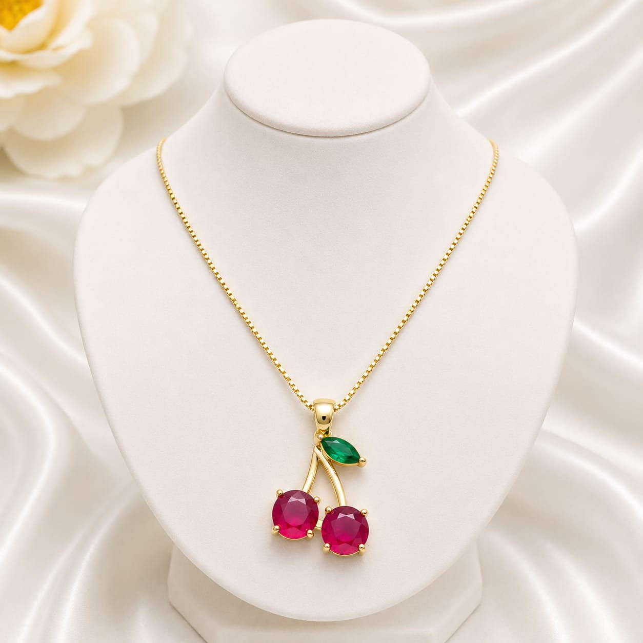 Collar Cerezas con Cristales Rojos Doble Laminado de Oro 18K