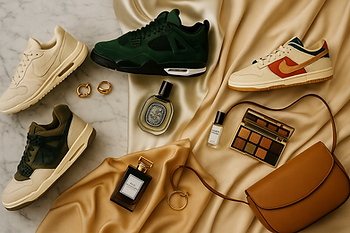 Editorial collage of luxury sneakers, jewelry, handbag, and beauty products arranged on marble and fabric backdrop, representing the U.S. collector’s playground of fashion, sneakers, and beauty drops.