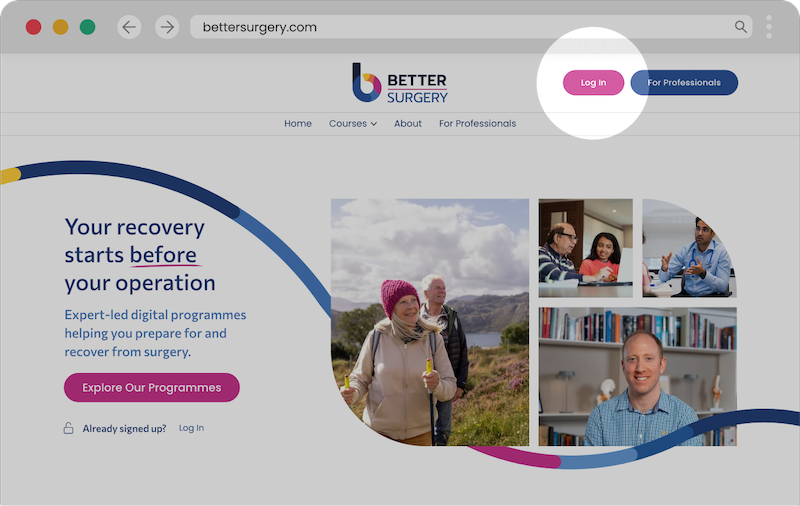 Screenshot showing the Login button in the top right corner of the Better Surgery homepage