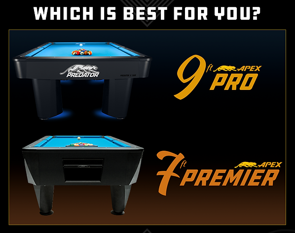 Graphic comparing Predator pool tables, asking 'Which Predator Pool Table is Right for You?' featuring options: 9ft Pro and 7