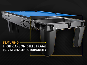 Predator Apex pool table featuring a sleek steel frame and a contemporary design, with a high-quality playing surface and pr