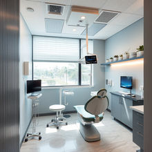 Finished commercial office interior with modern reception desk and large windows.