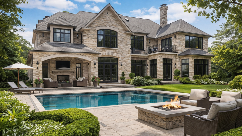 Toronto luxury custom home designed by 416 Construction with a modern backyard pool, landscaped outdoor living area and contemporary architecture.