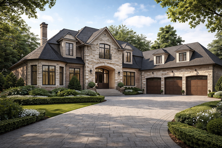 Custom home builder Pickering luxury estate home stone brick exterior driveway design build Ontario