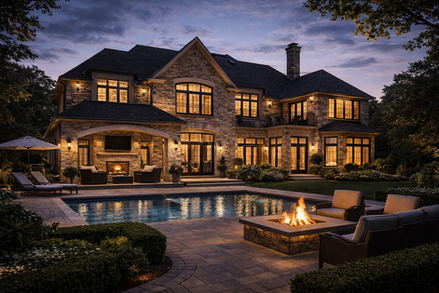 Luxury custom home Pickering outdoor entertainment fire pit backyard design build