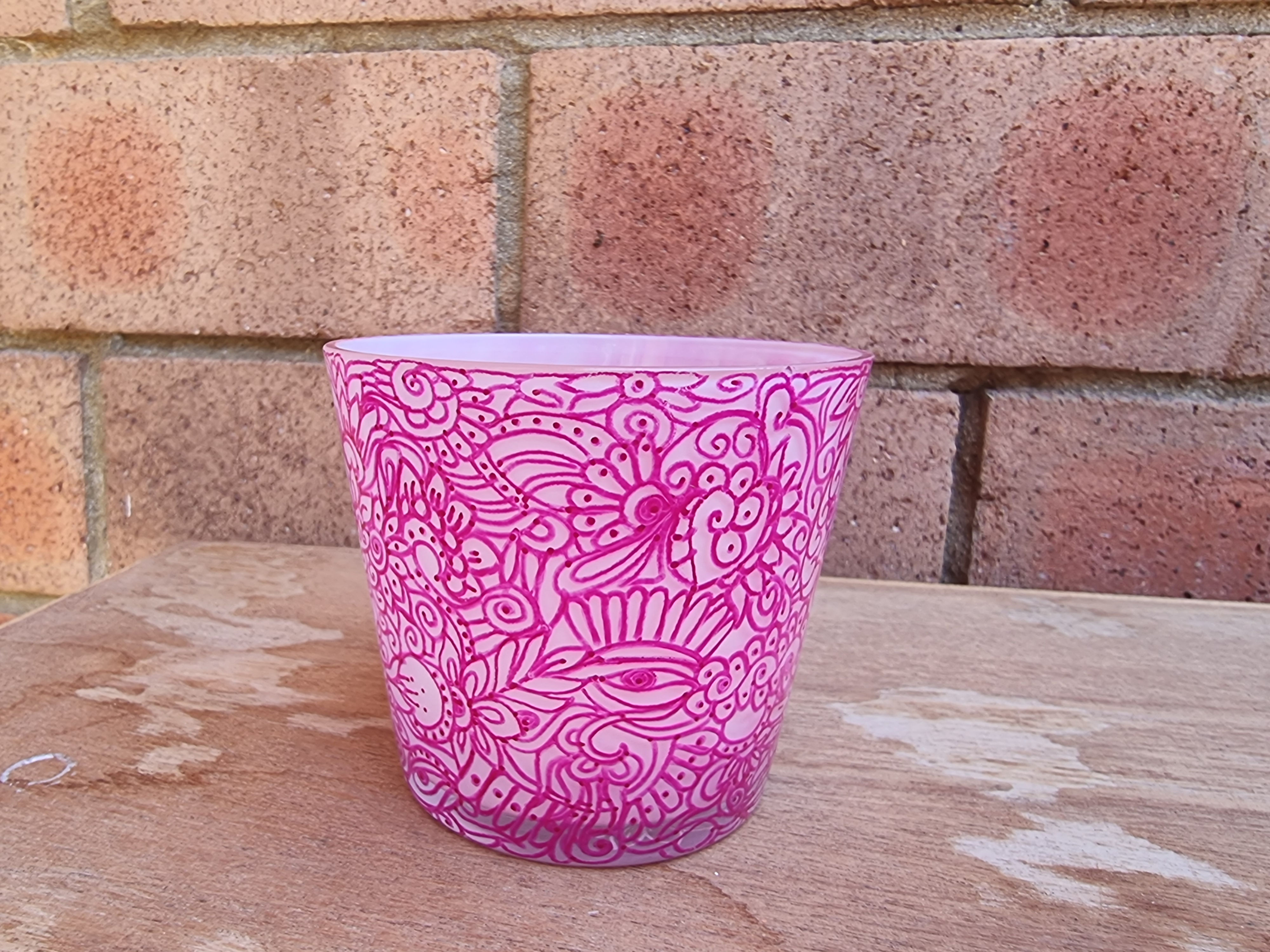 White Frosted Glass Pot/Holder with Fuchsia Design