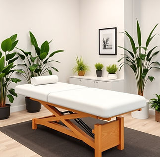 a chiropractic table in a nice looking office, with mainly white interior, and green plant