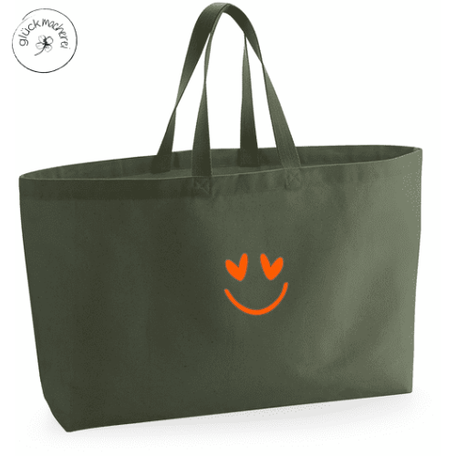 Miniaturbild: XXL Oversized Baumwolltasche in Khaki Grün mit Smiley Print in Neonorange