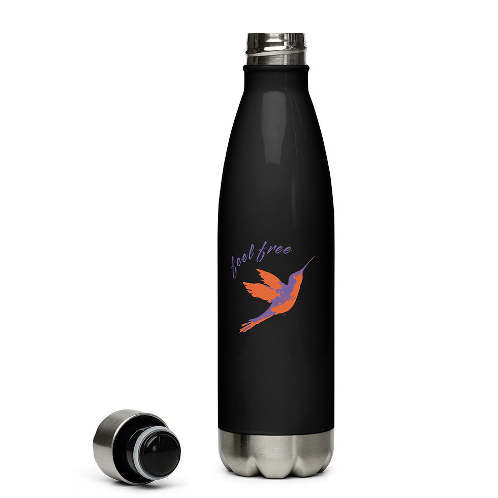 Miniaturbild: Schwarze Isolierflasche aus Edelstahl mit Kolibri Aufdruck - feel free