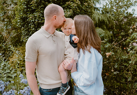 Family photo of mum, dad and young son on a summer's day in Yorkshire
