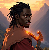 Close-up headshot of a traveling black minstrel, dirty braids, loose cape, with a glowing 