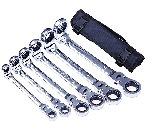 Ring Rang Racketini 6pc 8 - 19mm Flex Head Ratcheting Ring Wrench Set in a Roll-Up Tool Bag