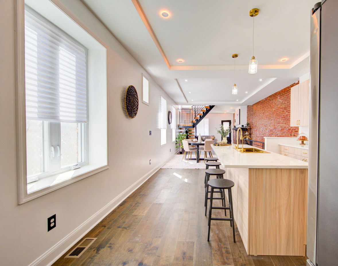 Modern kitchen island, brick wall, hardwood floors, CheyenneCoHd