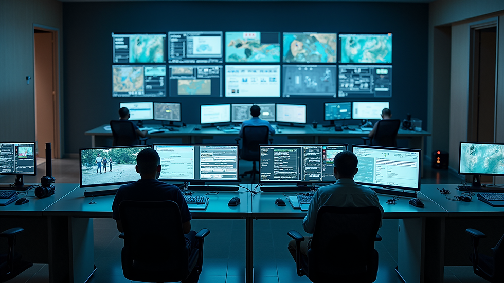 High angle view of Ghanaian security control room with multiple monitors