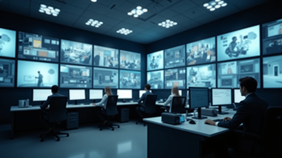 Eye-level view of a security control room with multiple monitors