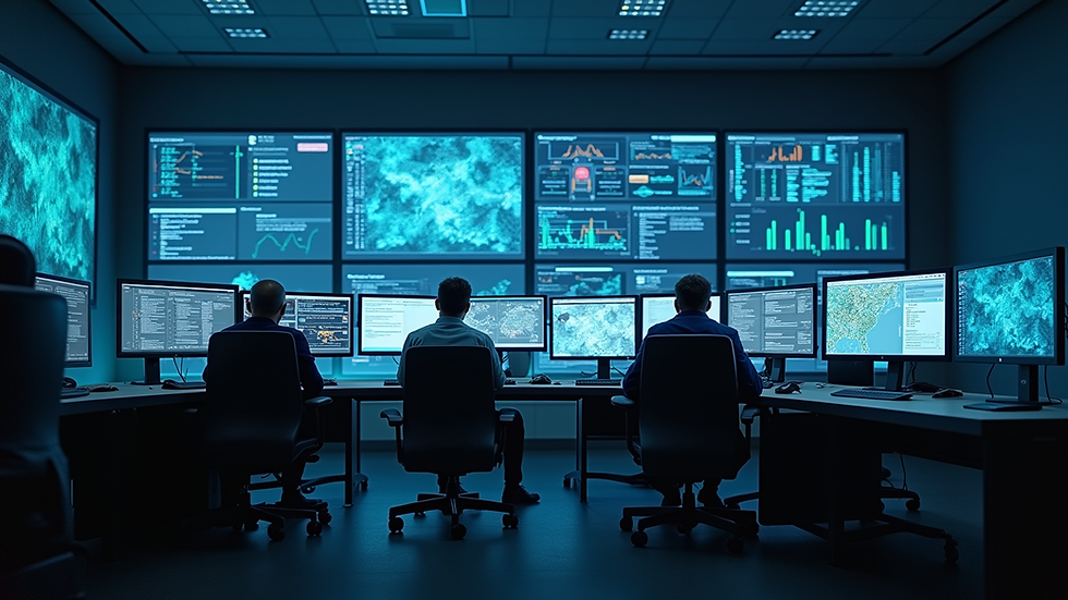 Eye-level view of a security operations center with multiple monitors displaying data