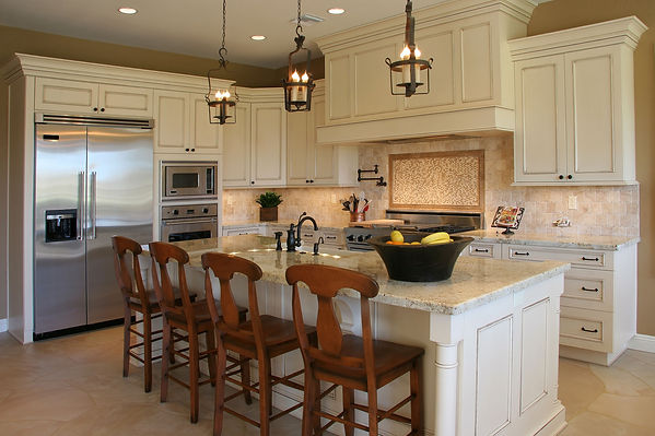 Off White French Country Kitchen, Stately Rustic Cabinets, Iron Light Fixtures, Cabinet Encased Range Hood, Extra Wide Fridge