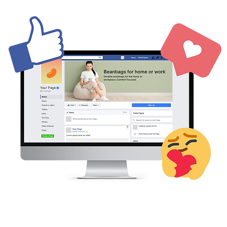 A graphic with a computer and a facebook page showing a brand with social media logos