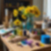 ART SUPPLIES AND OIL PAINTS AND CANVAS ON WOODEN TABLE, EARTHY VIBE, FLOWERS ON TABLE, OIL
