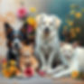 hyperrealistc picture of oil paints and cats and dogs, in an art studio. with flowers, ear